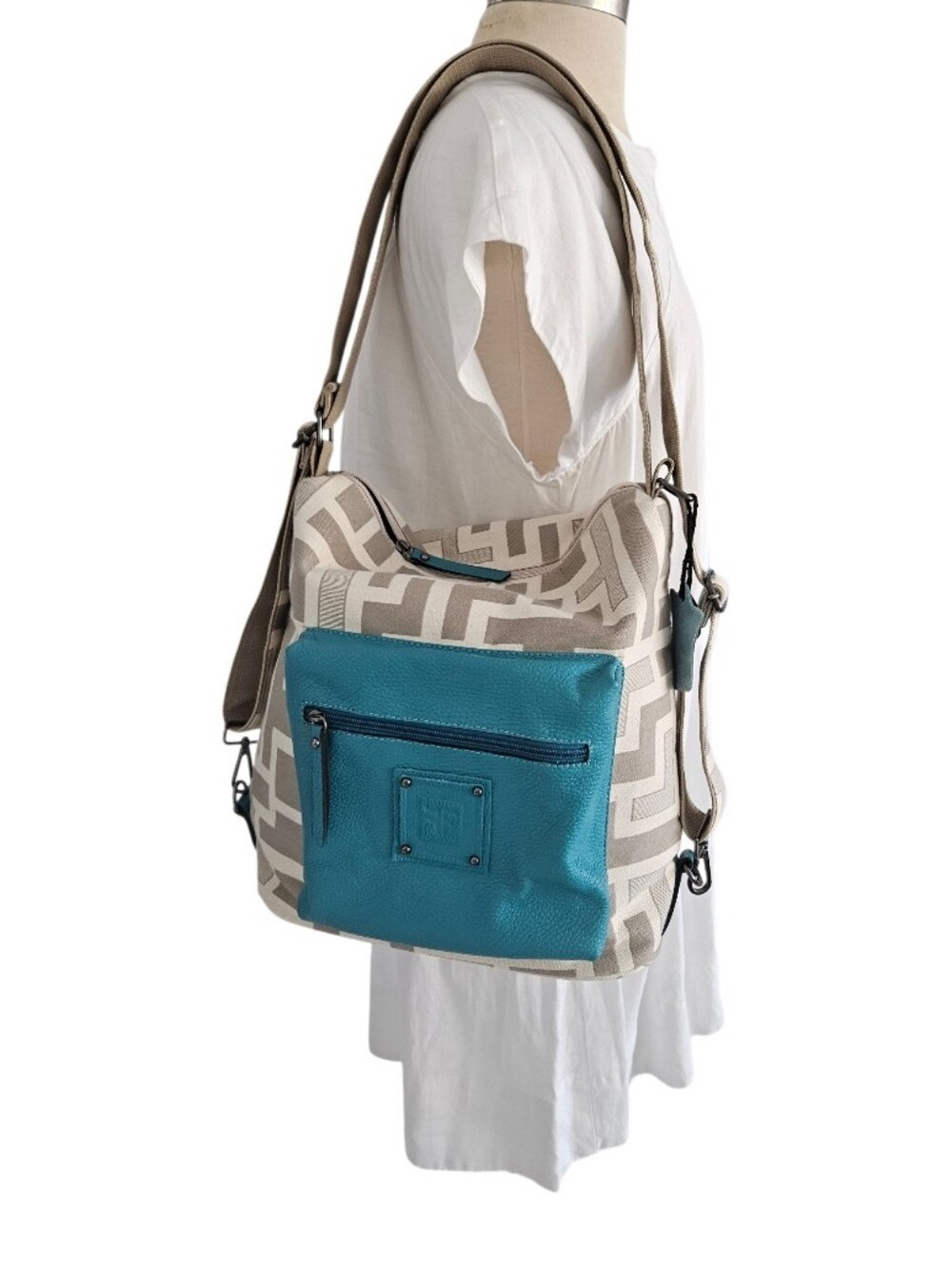 Forest Canvas Geo-Pattern Backpack -Sholder Bag with Teal Leather Pocket - Picture 13 of 16